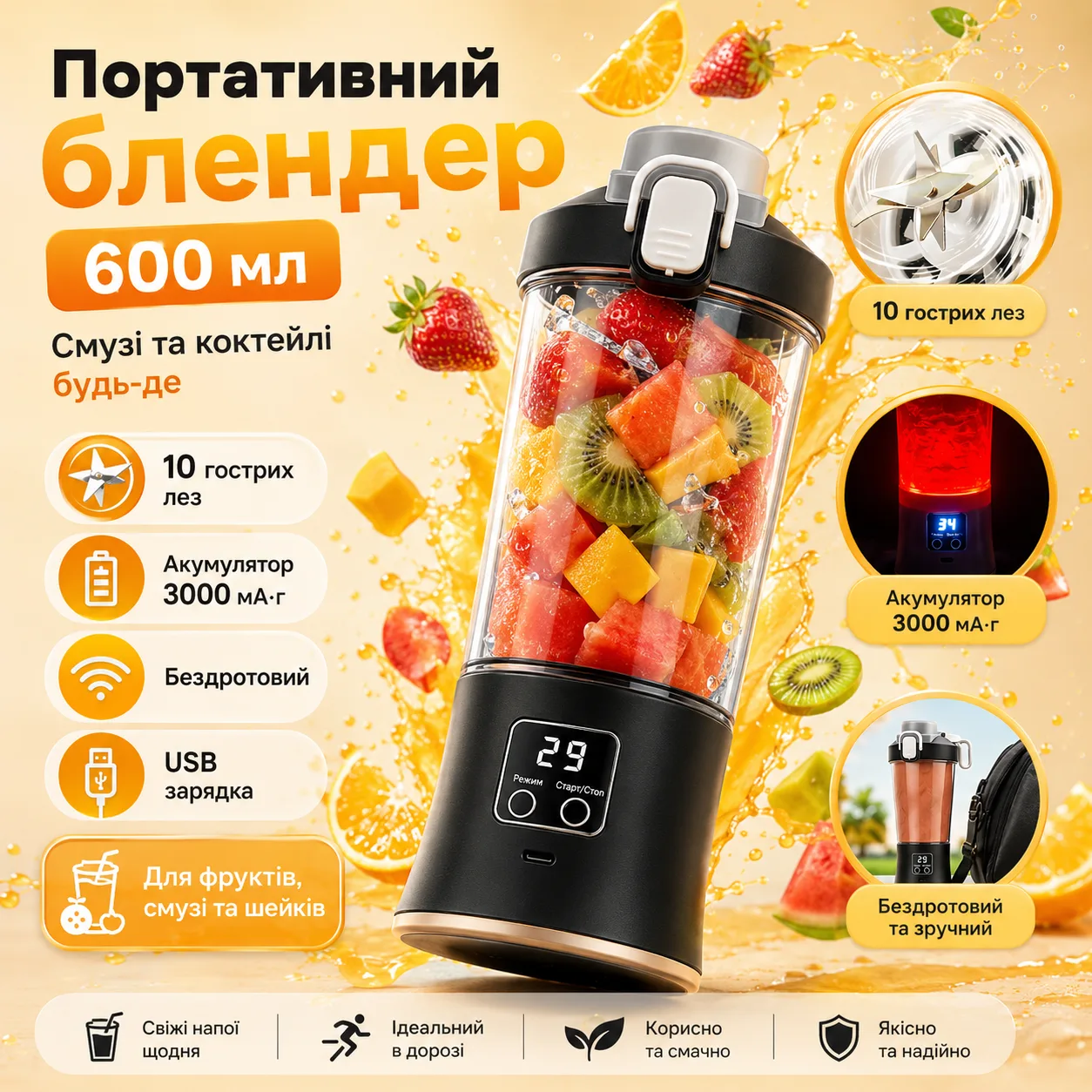 Портативний міні-блендер 600Мл, XL-1427, Чорний / Акумуляторна бутилка-блендер / Блендер для смузі