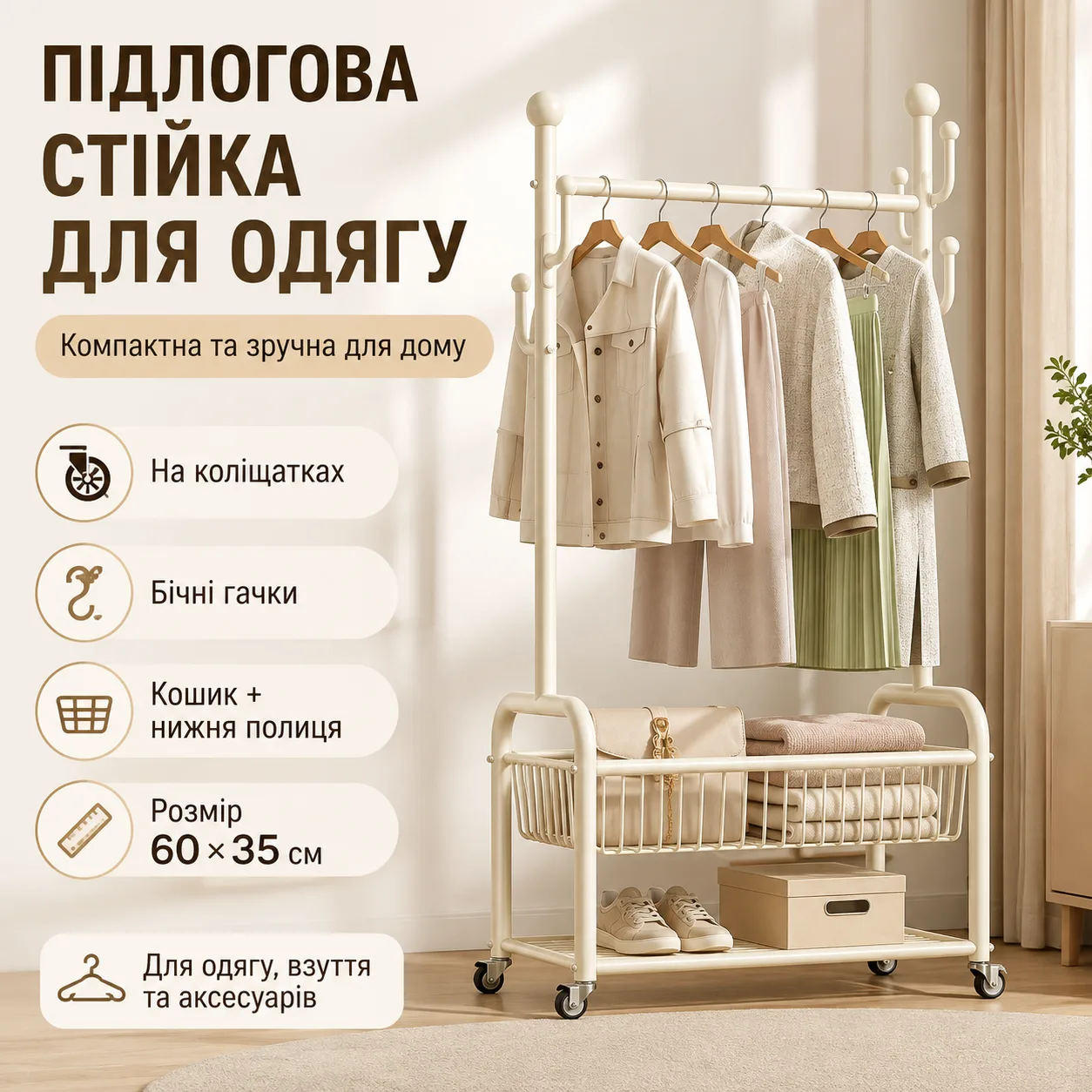 Підлогова стійка-вішалка для одягу 60×35 см з перекладиною, боковими гачками, корзиною, полицею для взуття і коліщатками