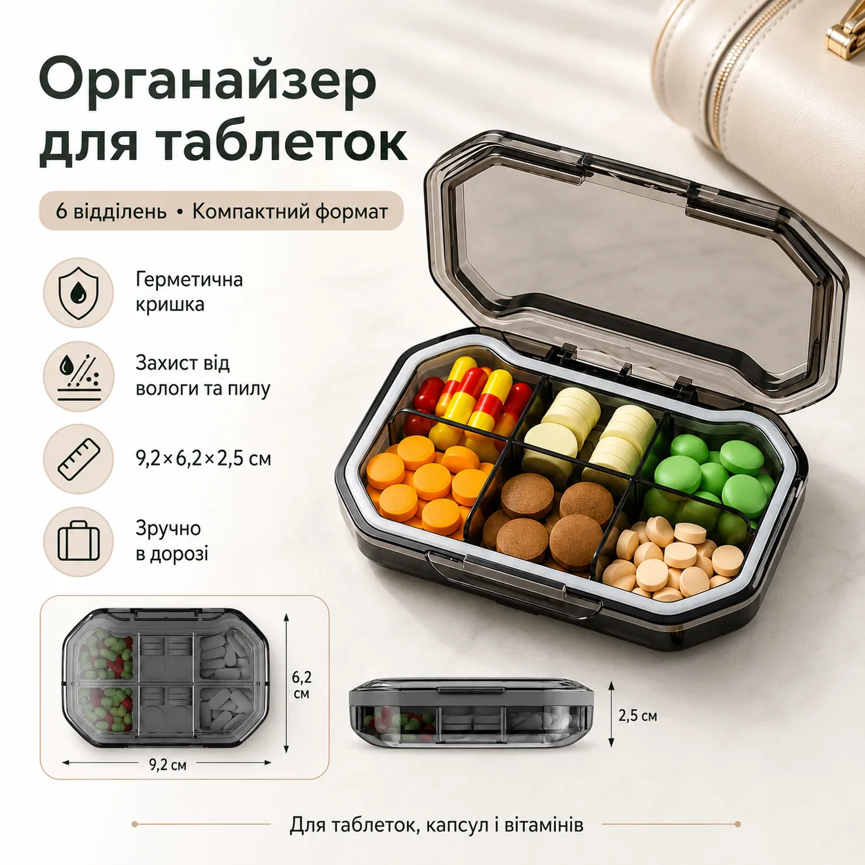 Таблетниця герметична на 6 відділень, Сірий / Органайзер для таблеток L1225 / Контейнер для ліків