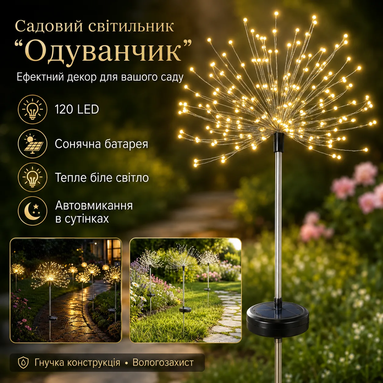 Садовий світильник на сонячній батареї Кульбабка, 120 LED, Жовтий / Вуличний фонар газонний / Декоративний світильник для саду