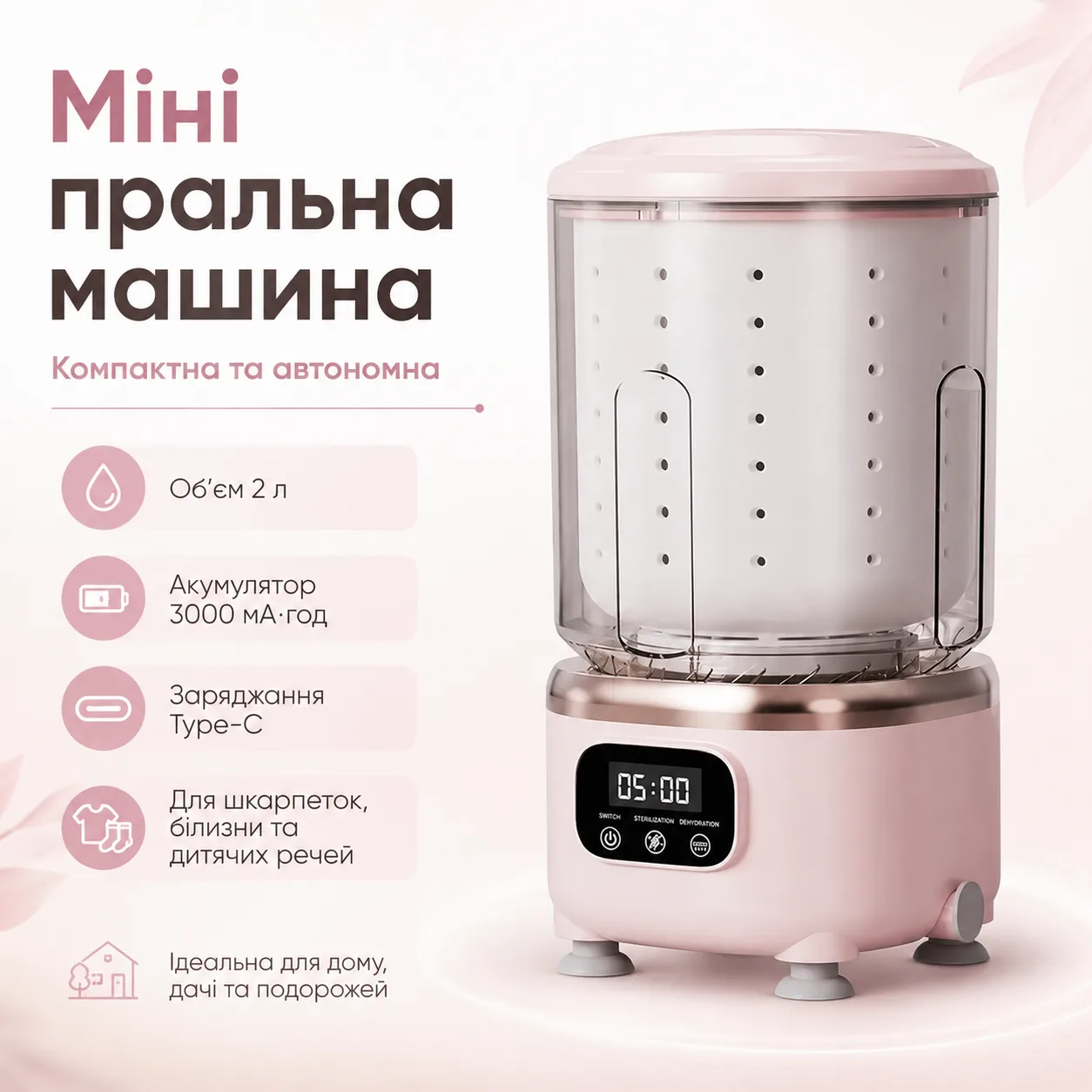 Міні пральна машина 2 л, на акумуляторі ND 366, 3000 мАч, Type-C, Рожева / Портативна пральна машинка / Компактна прал