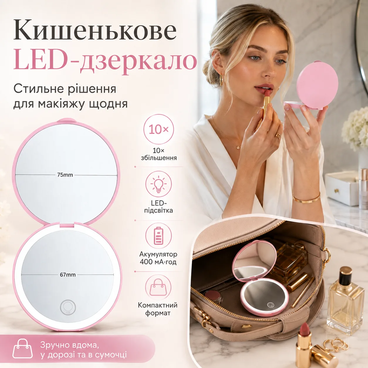 Косметичне дзеркало з LED підсвіткою від USB, Рожевий / Дзеркало кишенькове / Дзеркальце для макіяжу