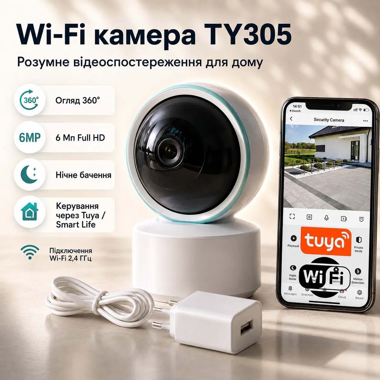 WIFI камера відеоспостереження 6MP, TY305, Біла / Вайфай відеоняня / Поворотна камера 360 / IP Камера з керуванням телефоном