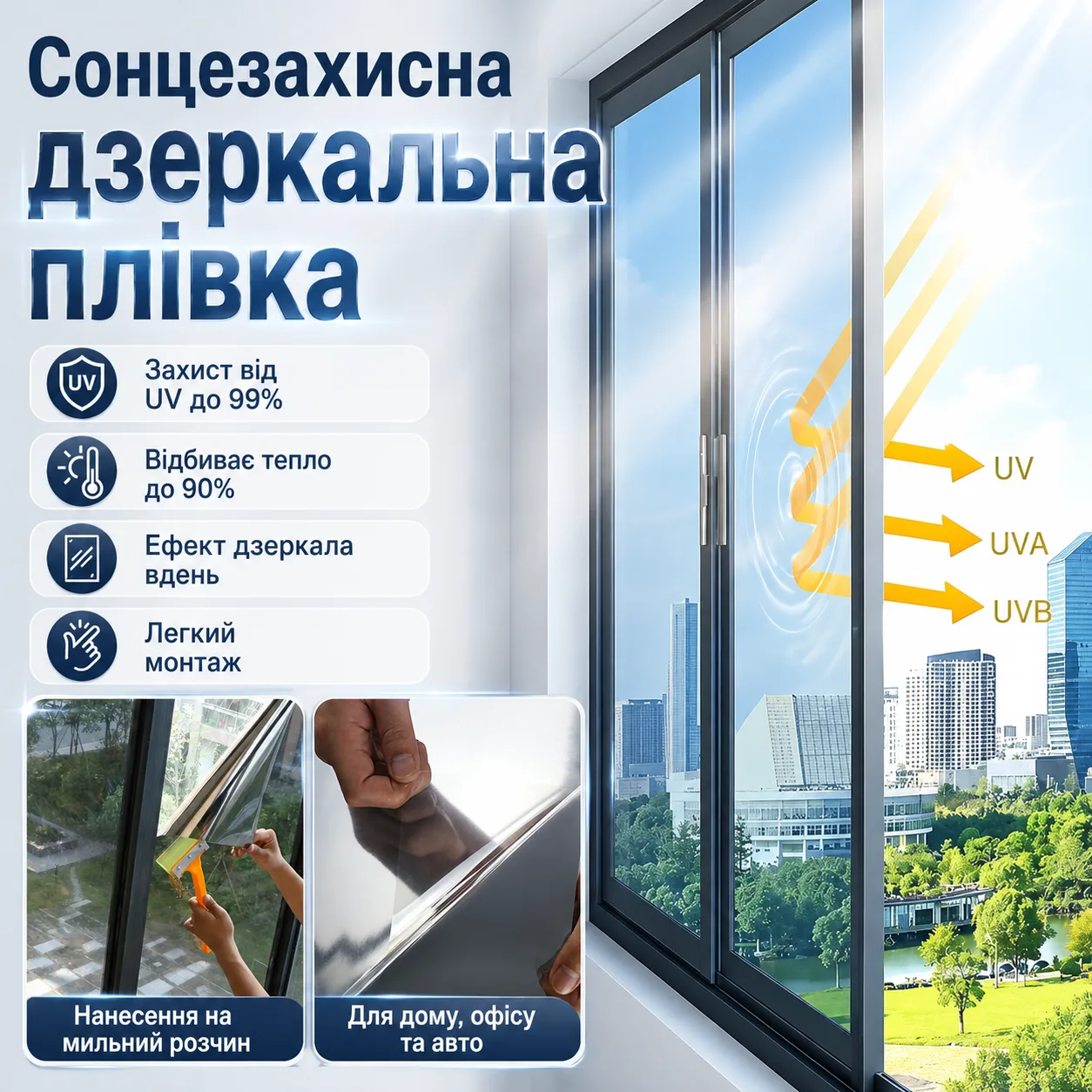 Сонцезахисна плівка для тонування вікон 3м (ширина 90см), Срібний / Дзеркальна плівка від сонця / Фольга на вікна