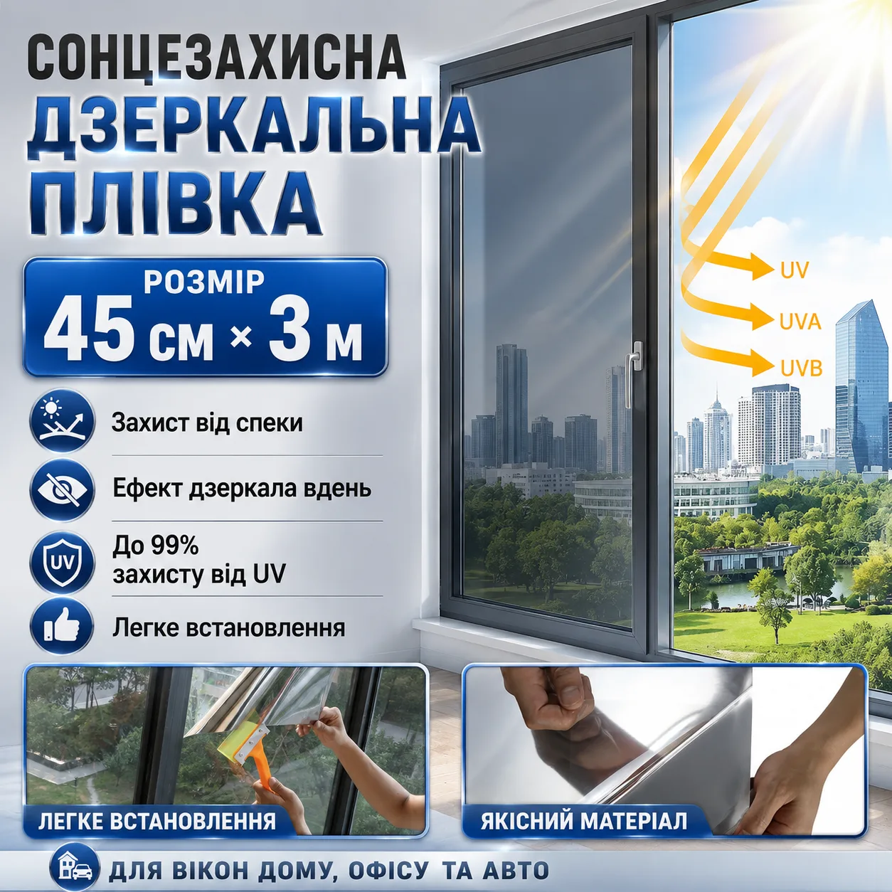Срібляста дзеркальна плівка для вікон 45×300 см, тепловідбивна тонування з денним ефектом приватності та UV-захистом