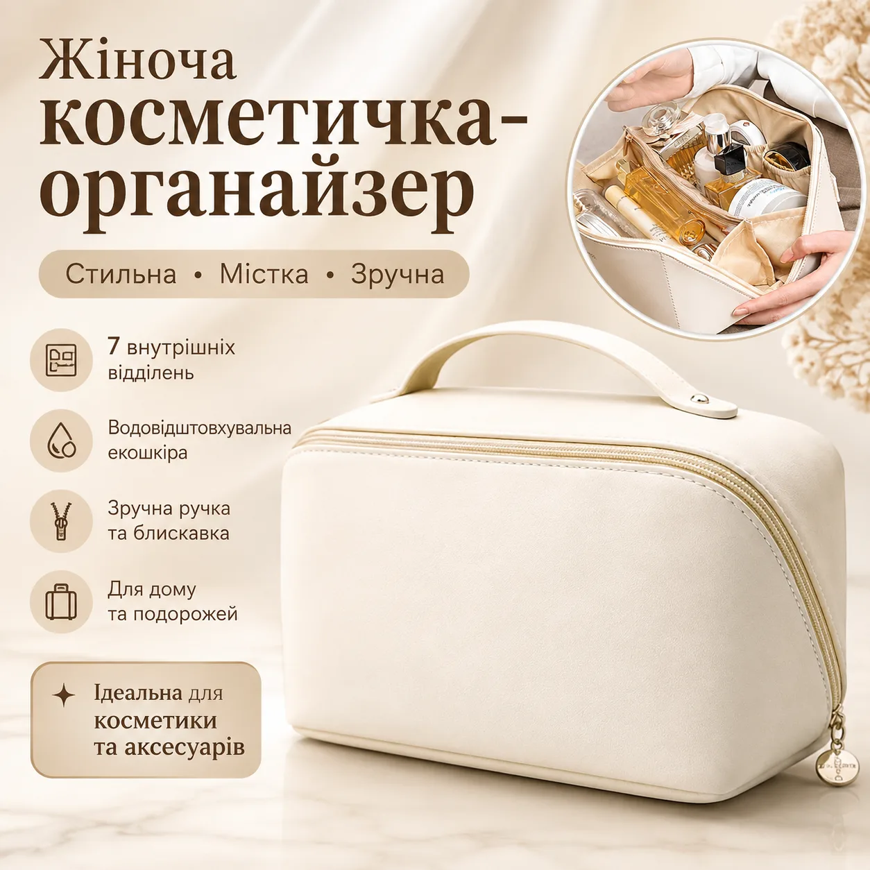 Біла жіноча косметичка AND XL-1010 для подорожей, місткий органайзер з екошкіри на блискавці з 7 відділеннями