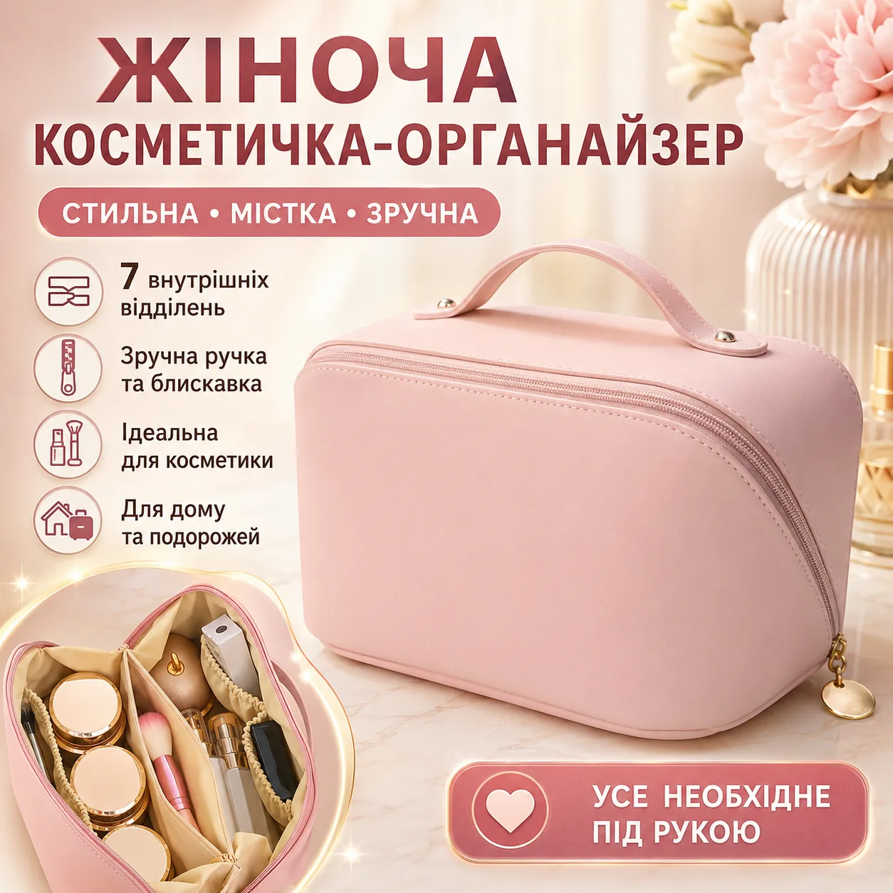 Пудрова косметичка для косметики AND XL-1010 жіноча дорожня, органайзер з екошкіри з 7 відділеннями, ручкою та блискавкою