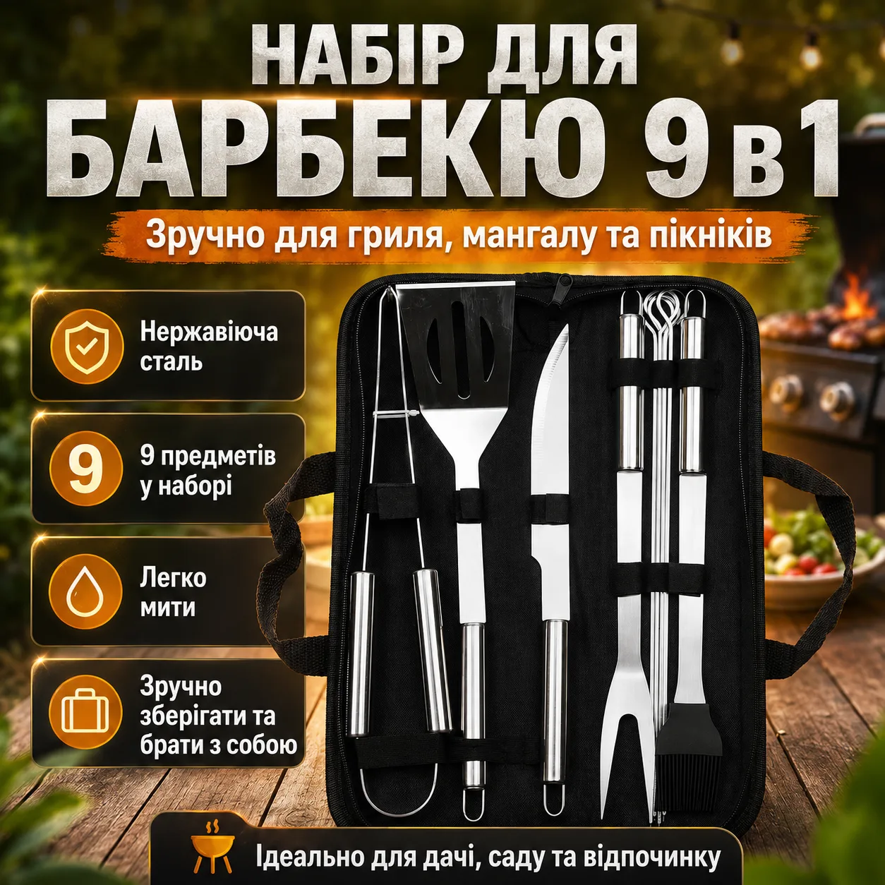 Набір для грилю та барбекю 9в1 з нержавіючої сталі, Чорний / Комплект інструментів для шашлику / Інструменти для барбекю