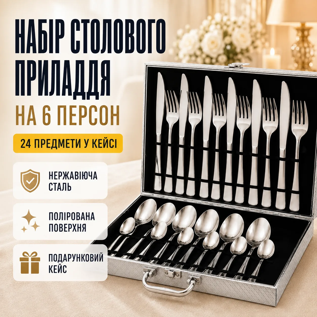 Елегантний набір столових приборів 26X-217 на 24 предмети в подарунковому кейсі