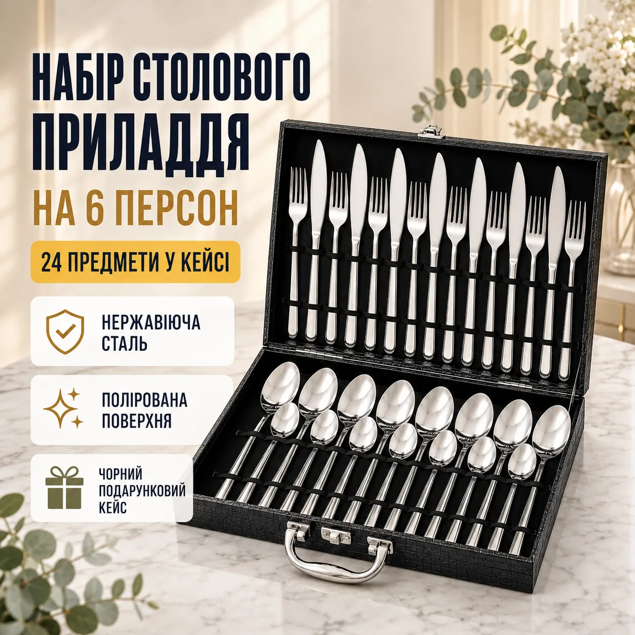 Набір столових приборів з нержавіючої сталі, 24 предмети, в кейсі, Чорний / Набір для сервірування / Столові прибори в чемодані