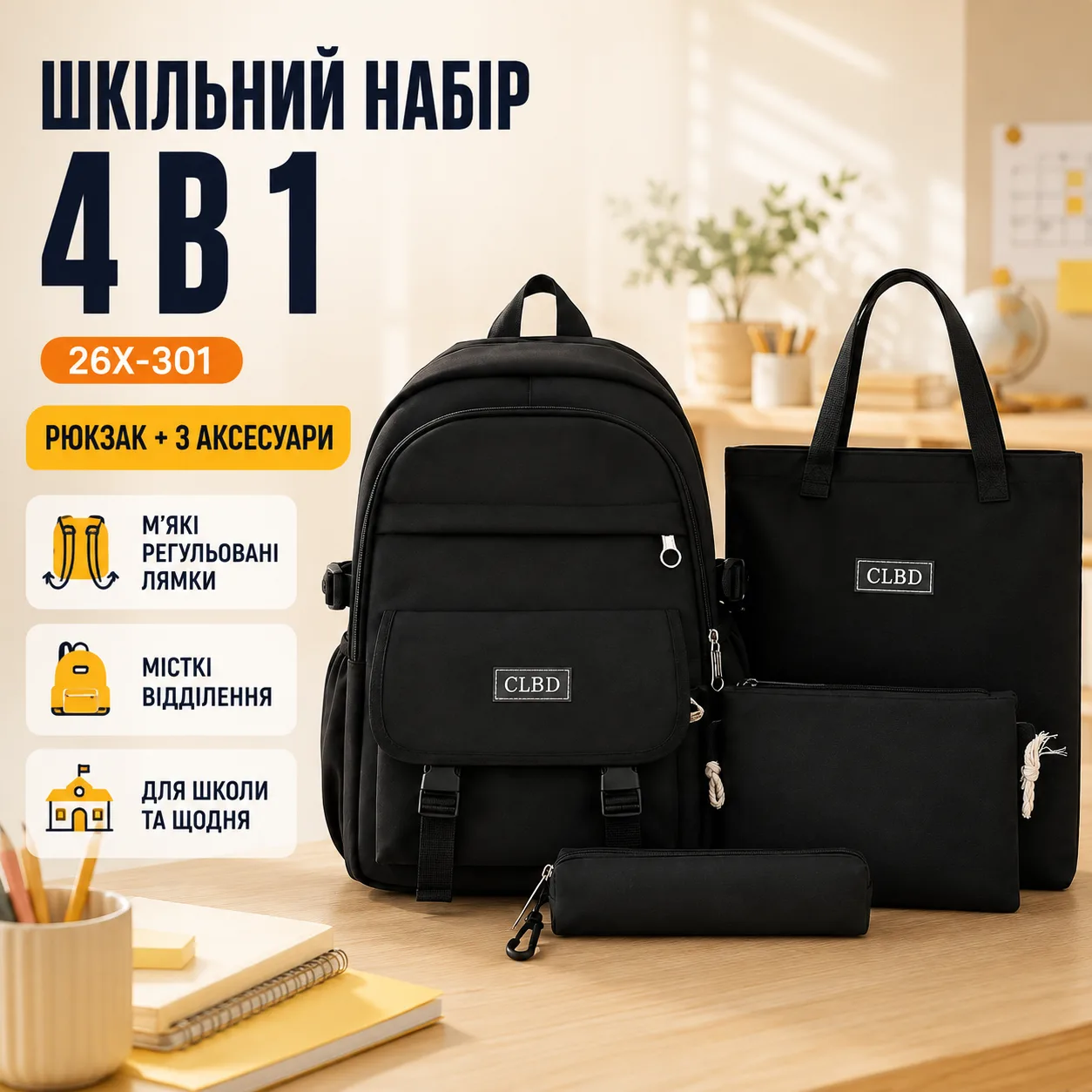 Дитячий шкільний рюкзак 26X-301 чорний 4 в 1 з пеналом, сумкою та шопером Шкільний набір 26X-301 4 в 1 рюкзак