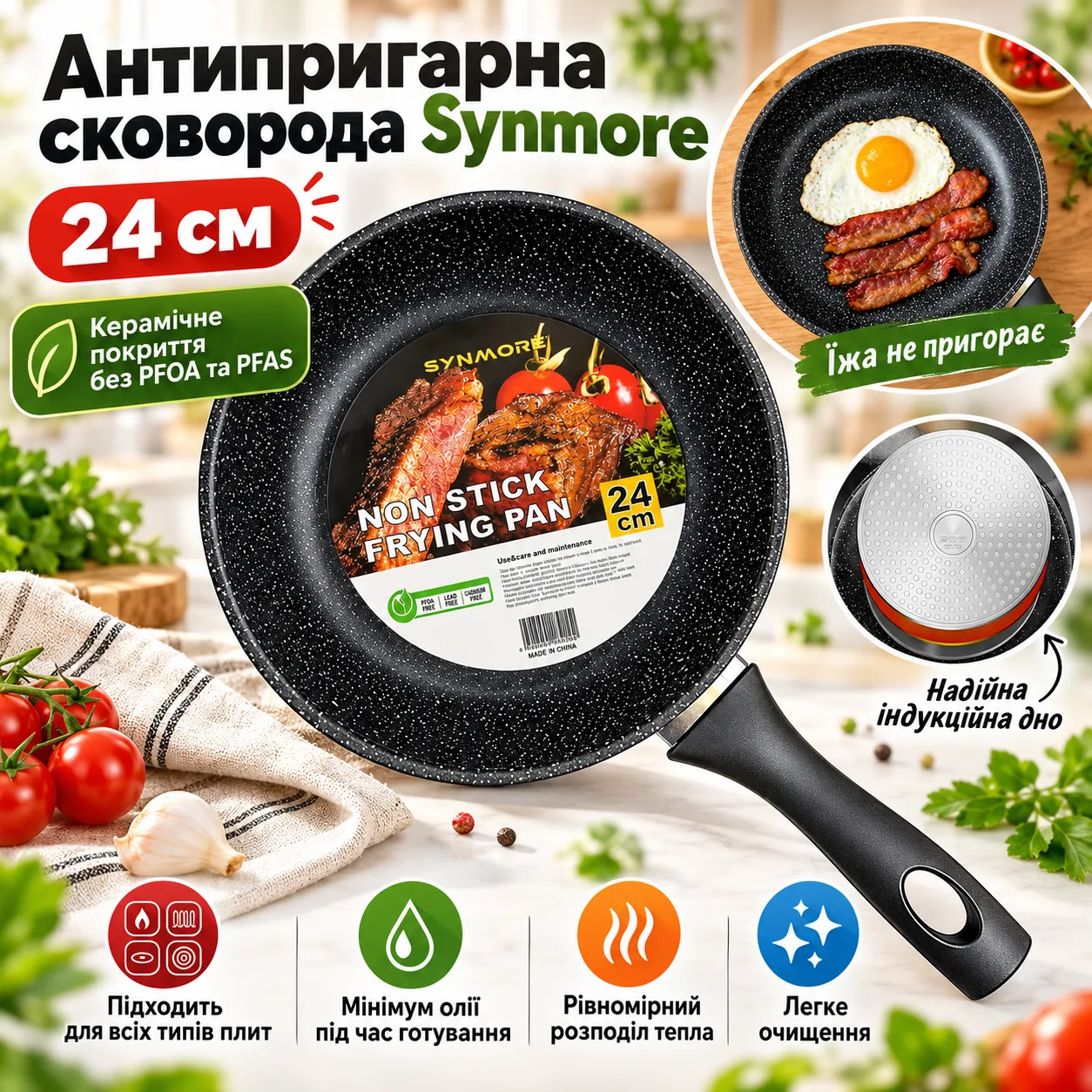 Сковорода кухонная Synmore 24 см из кованого алюминия с керамическим антипригарным покрытием, для всех типов плит