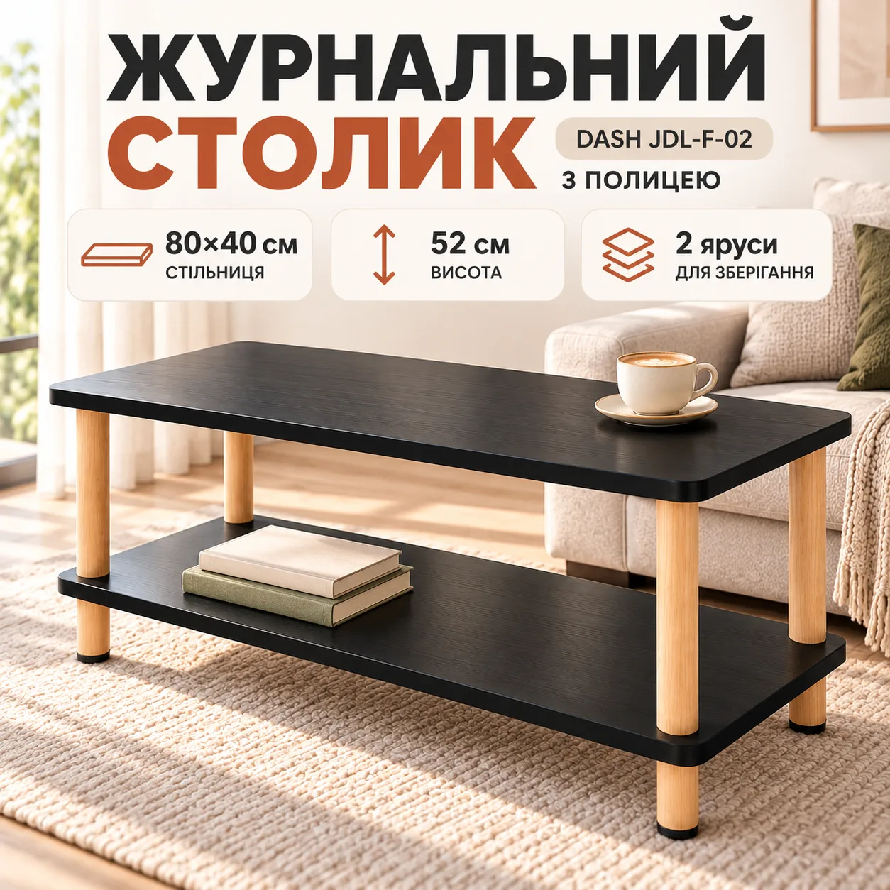 Черный Журнальный столик 40х80х52 см / Прямоугольный столик с полкой Dash JDL-F-02