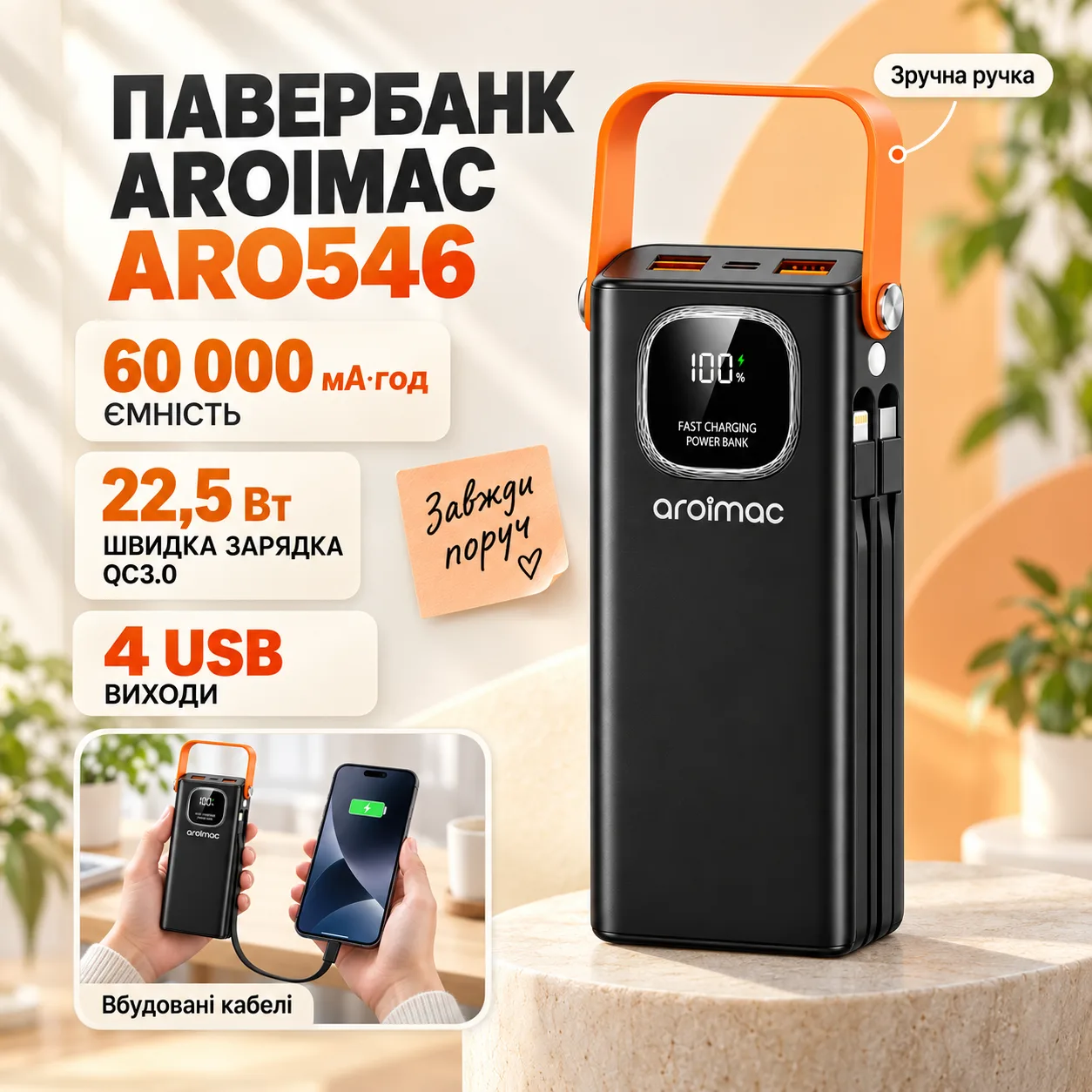 Power Bank Aroimac ARO546 60000 mAh Black  Портативное зарядное устройство Aroimac с быстрой зарядкой 22,5W Fast Charge QC3.0, 4 U