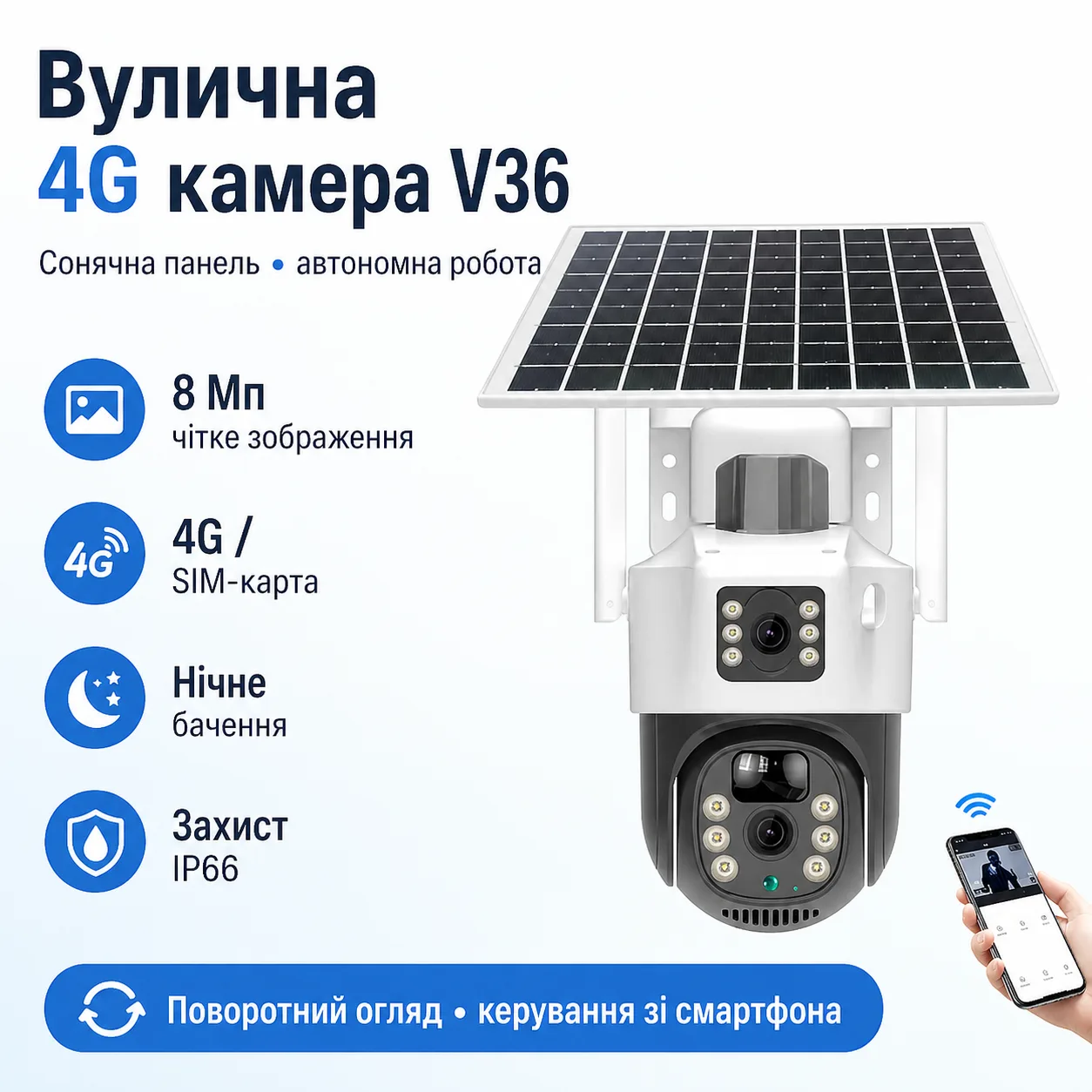 Уличная 4G камера видеонаблюдения V36-4G Solar 8MP с солнечной панелью, SIM-картой, аккумулятором и ночным видением