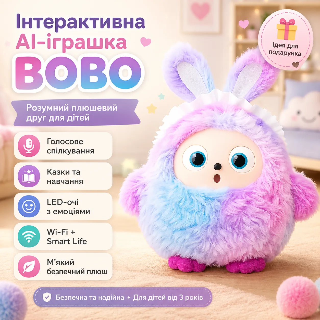 Игрушка с искусственным интеллектом Bobo / Интерактивная плюшевая игрушка BOBO с AI, голосом и LED глазами / Умная игрушка