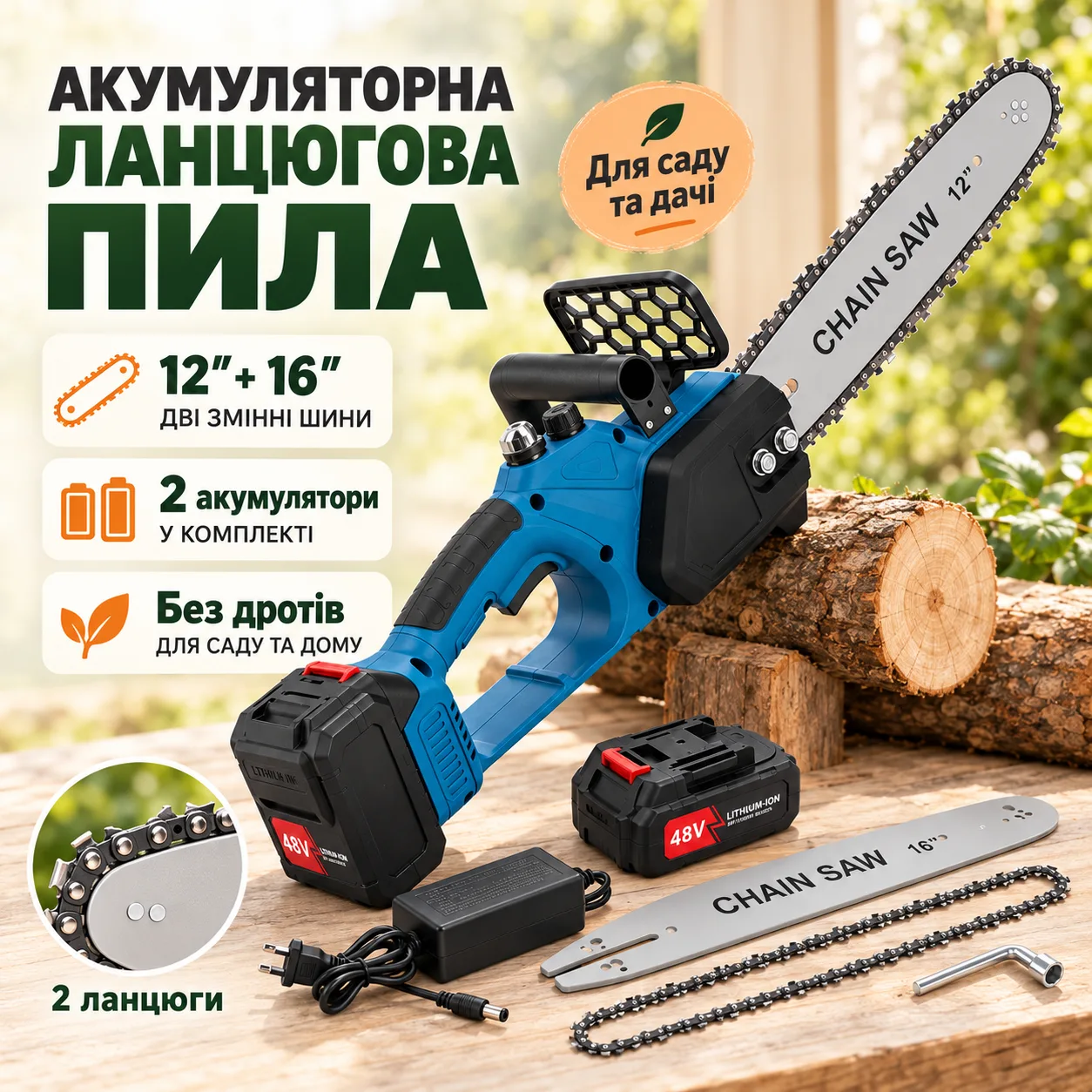 Аккумуляторная цепная пила VOLLYX 2в1 Синий / Пила с двумя шинами 12''+ 16'' 2 АКБ