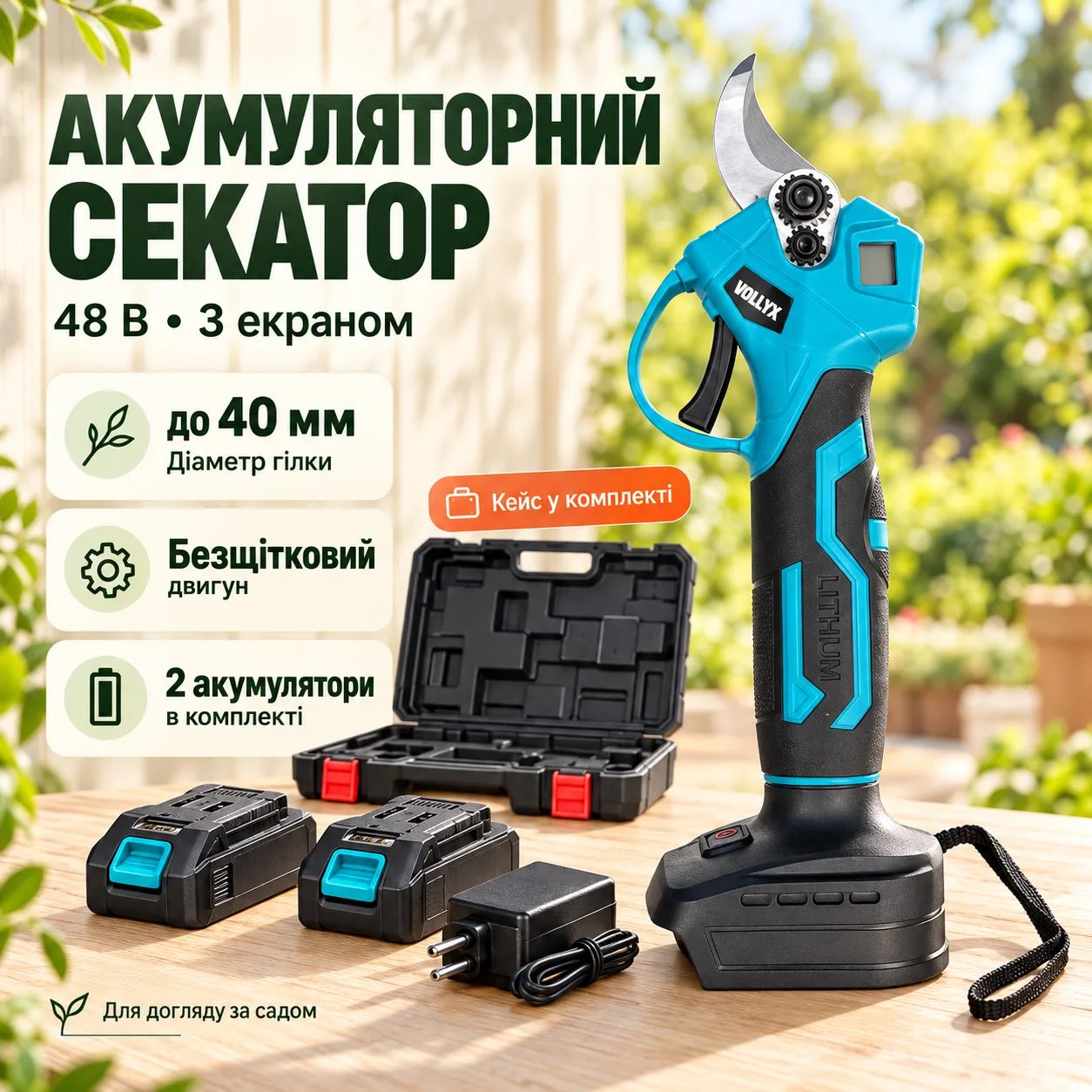 Секатор аккумуляторный 48V для деревьев с экраном 2 АКБ 2 режима Синий