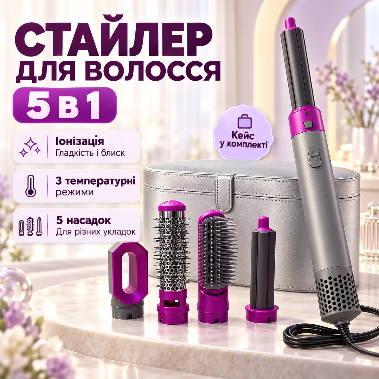 Стайлер для волос 5в1 / мультистайлер фен для укладки волос с насадками / кейс леопард