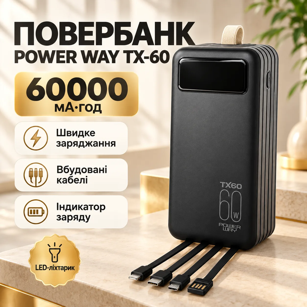 Павер банк Power Bank Power Way 60000 mAh с 4 встроенными кабелями Черный (1000-TX-60Q)