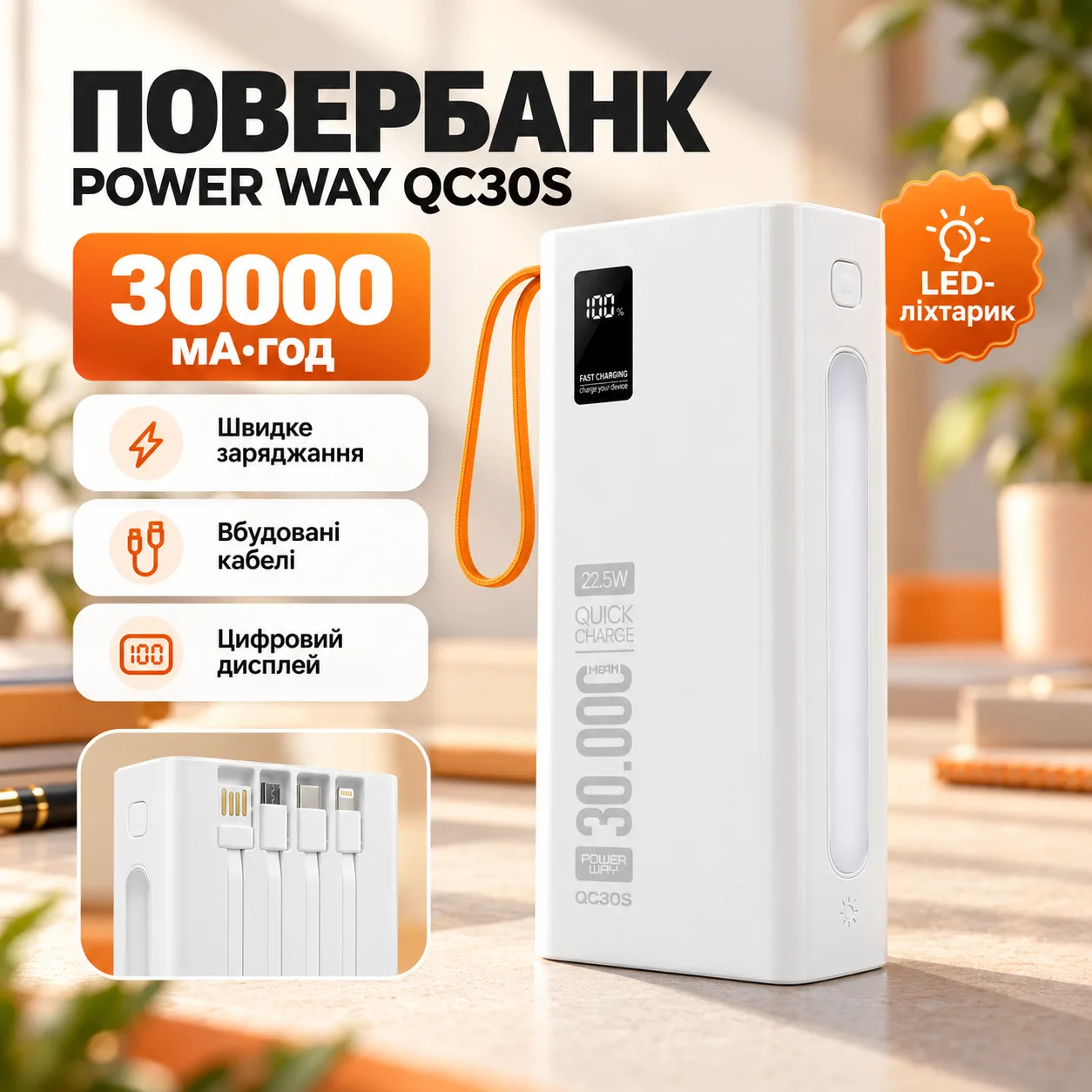 Повербанк для роутера POWER WAY QC30S 30000 mAh 22.5W Белый (QC30S)