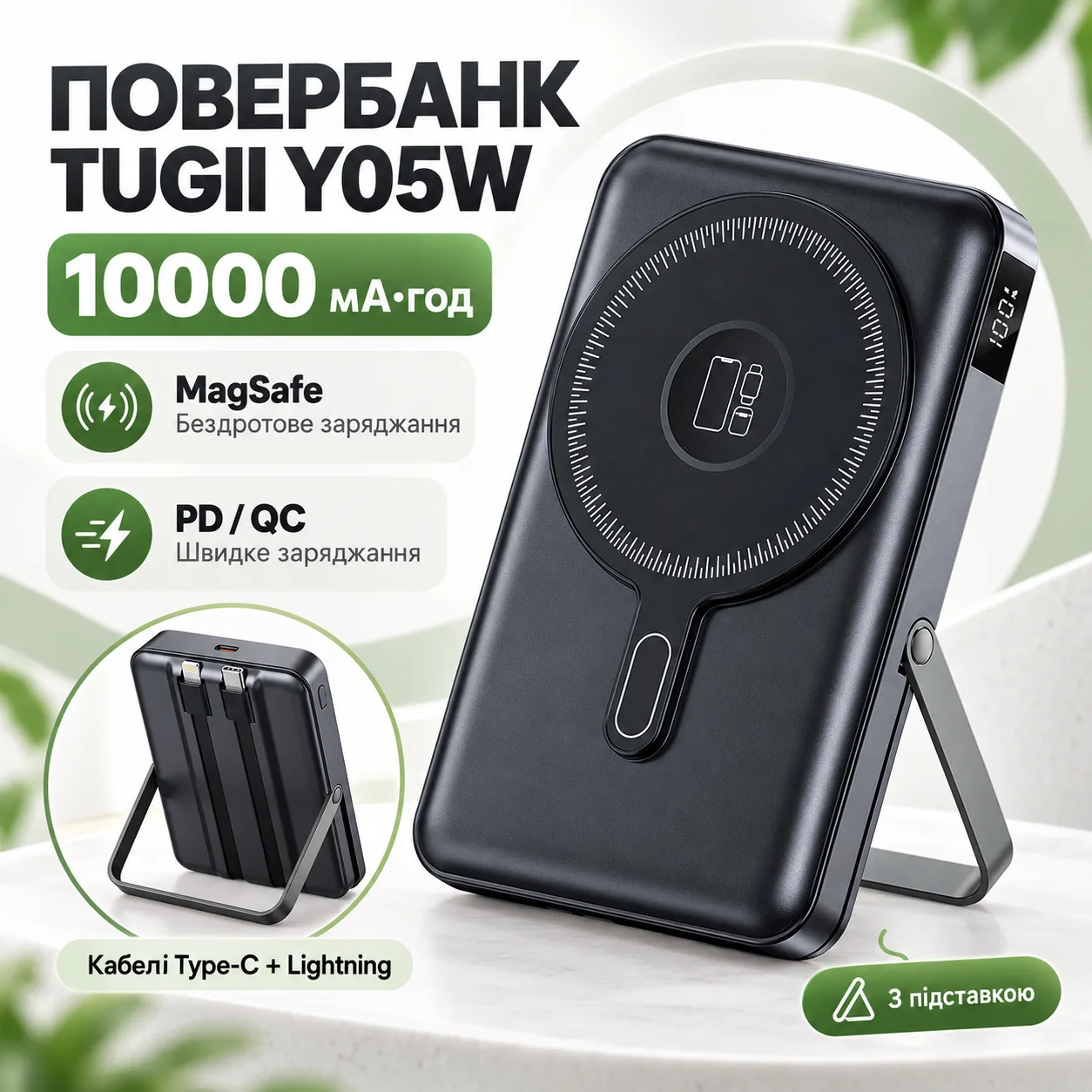 Магнитный повербанк 10000 мА*ч со встроенными кабелями Type-C + Lightning, разъем Type-C, TUGII Y05W, Черный Power Bank