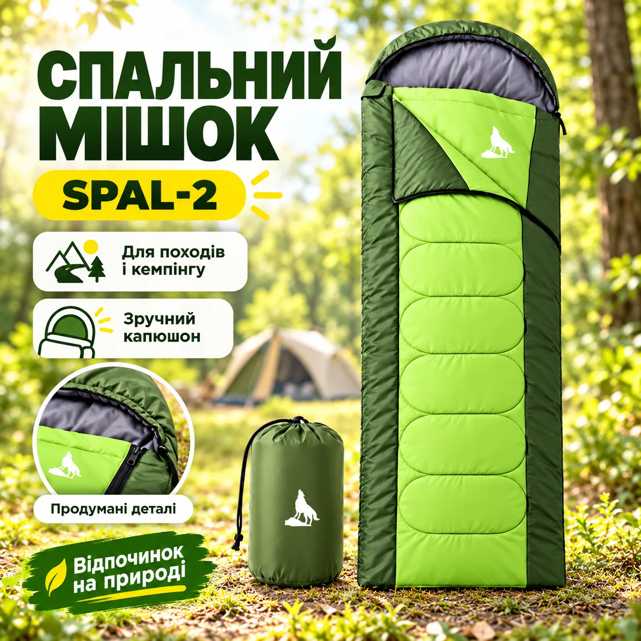 Спальный мешок spal-2 • Туристический спальник spal-2 зеленого цвета для походов, кемпинга, рыбалки и отдыха на природе