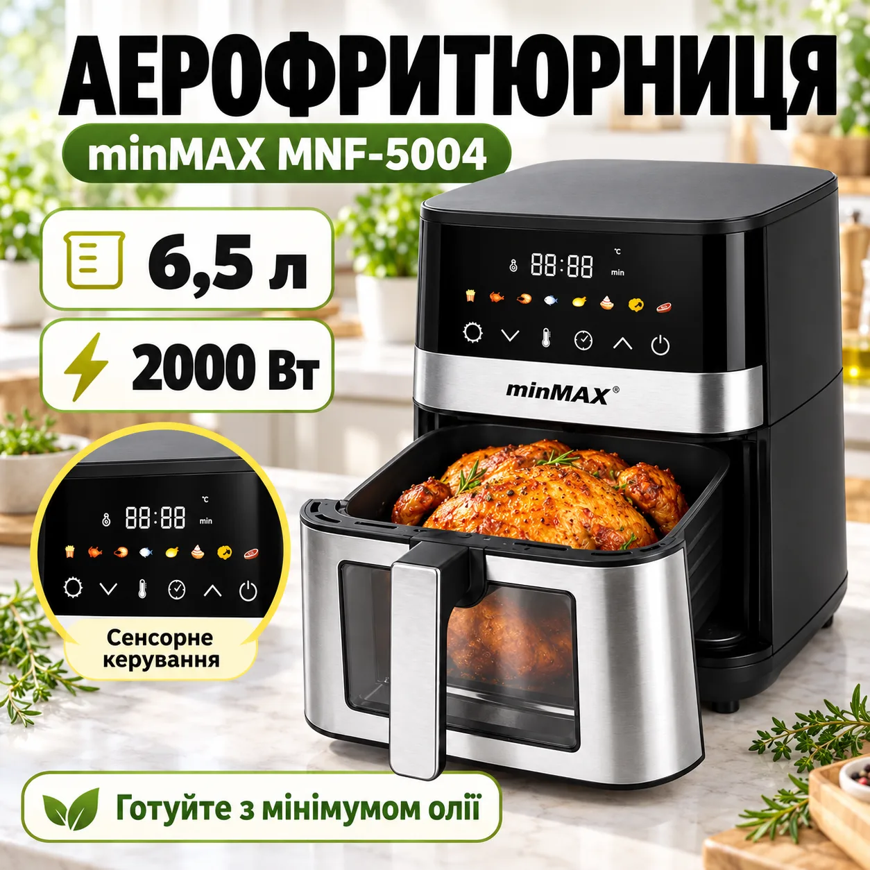 Аэрофритюрница 6,5л, 2000Вт, minMAX MNF-5004, Черная / Аэрогриль / Мультипечь / Фритюрница