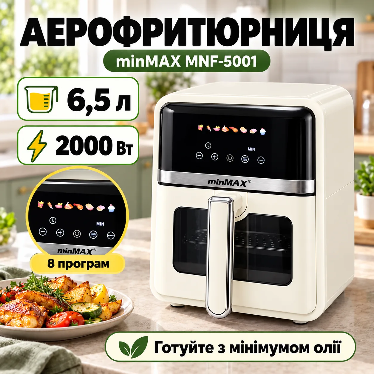 Аэрогриль 6,5л, 2000Вт, minMAX MNF-5001, Белая / Аэрофритюрница / Мультипечь / Аэро гриль