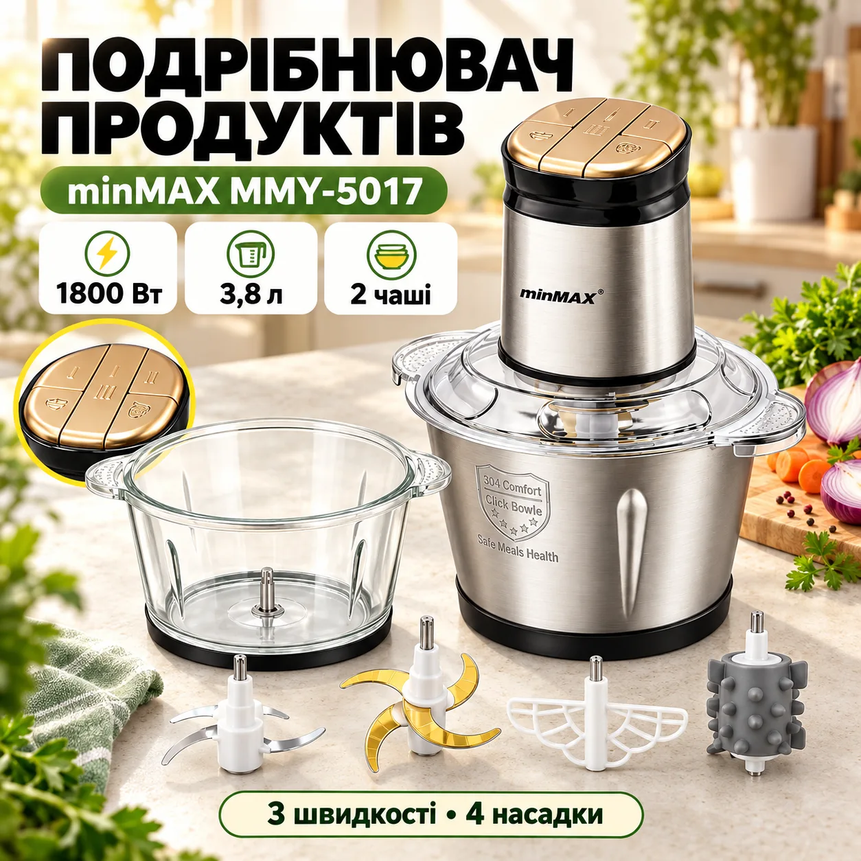 Кухонный измельчитель из нержавейки, 1800 Вт, 3,8 л, 2 чаши, 4 насадки, minMAX MMY-5017, Серебристый / Чоппер / Кухонный комбайн