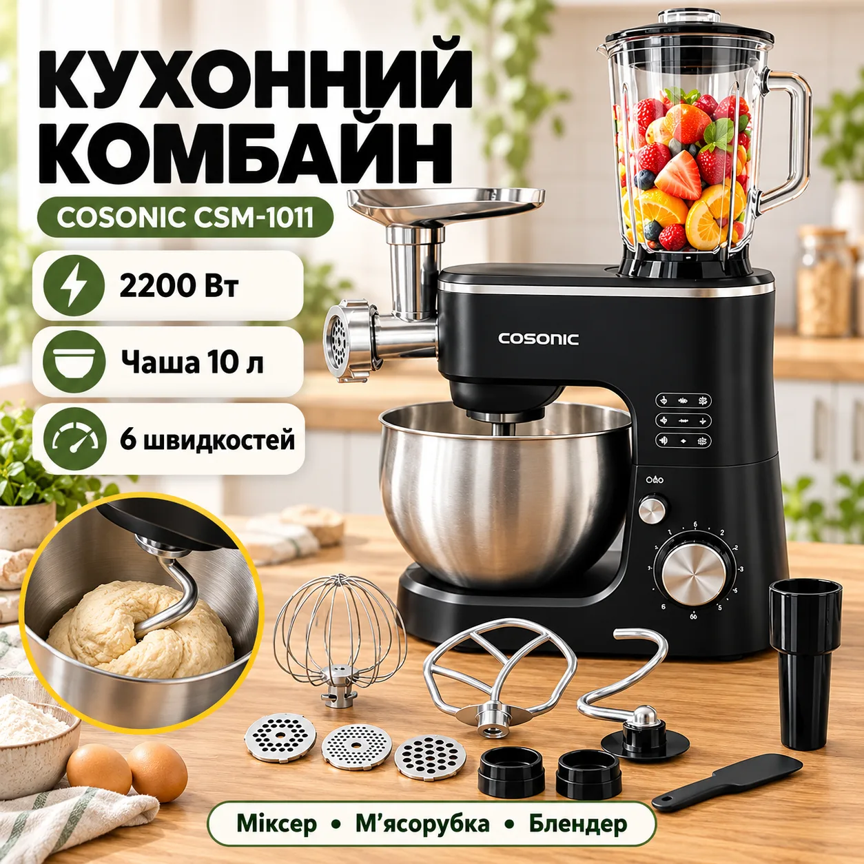 Кухонный комбайн 2200Вт, COSONIC CSM-1011, Черный / Блендер Мясорубка Планетарный миксер  Блендер / Измельчитель / Чоппер