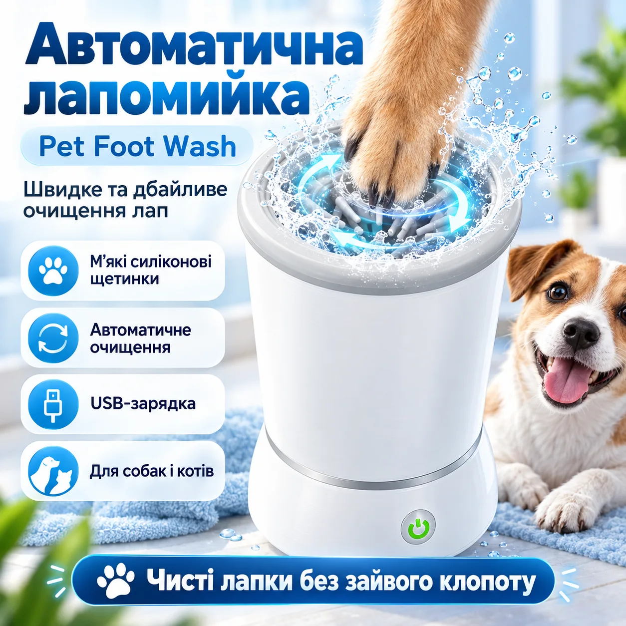 Лапомойка автоматическая Pet Foot Wash, от USB, Белый / Лапомойка с силиконовыми щетинками / Мойка для лап собак