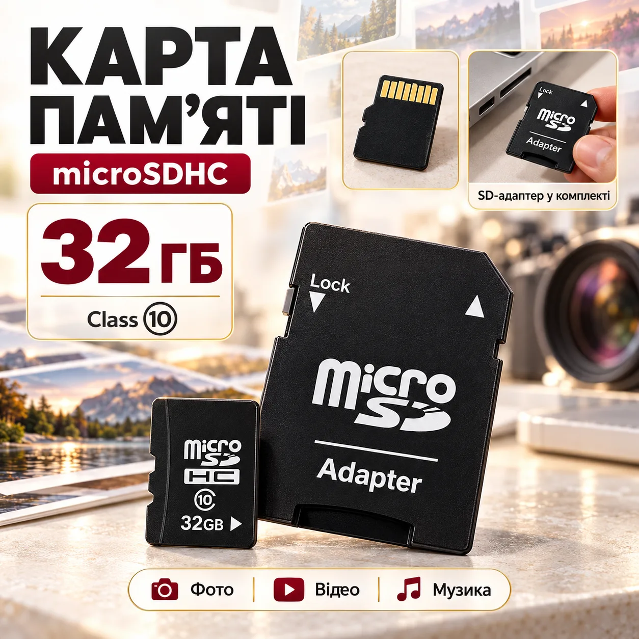 Карта памяти MicroSD 32 GB Class 10 с SD-адаптером