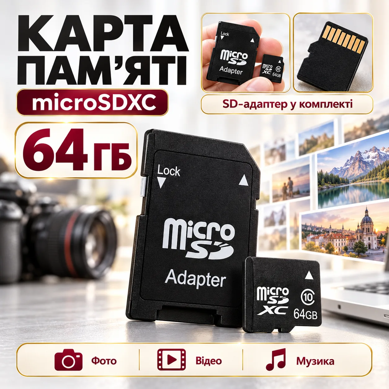 Карта памяти microSD 64 ГБ с SD-адаптером (Флешка для телефона)