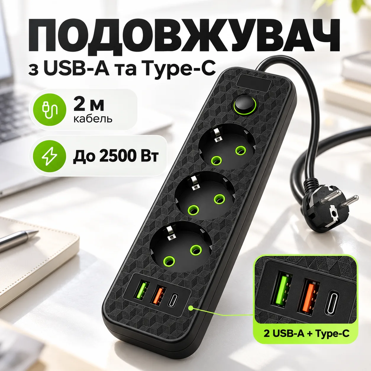 Удлинитель 3 розетки с USB Type C 2 м 2500 Вт