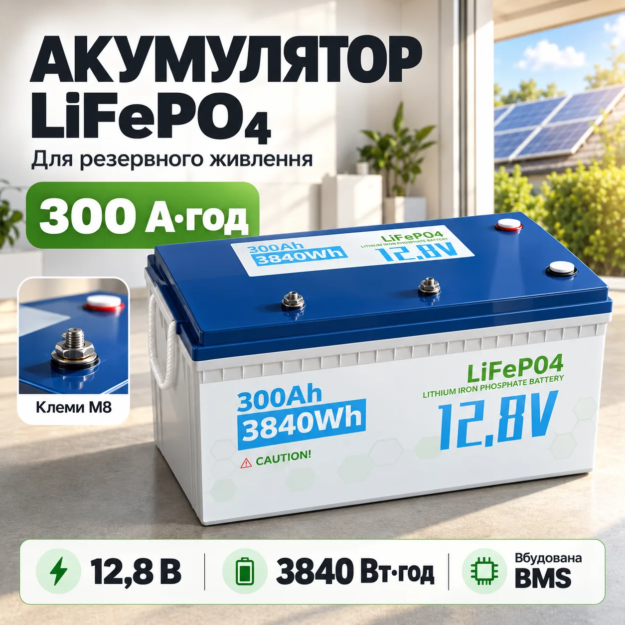 Литиевый аккумулятор для солнечных систем, 12V, 300Ah, LiFePO4, Белый / Аккумулятор литиевый / Аккумуляторная батарея