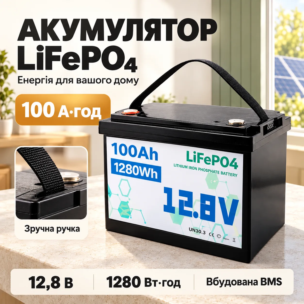 Аккумулятор LiFePO4 12V 100Ah 1280Wh для солнечных панелей и ИБП, Черный / Литиевый аккумулятор / Батарея LiFePO4 12 вольт 100А