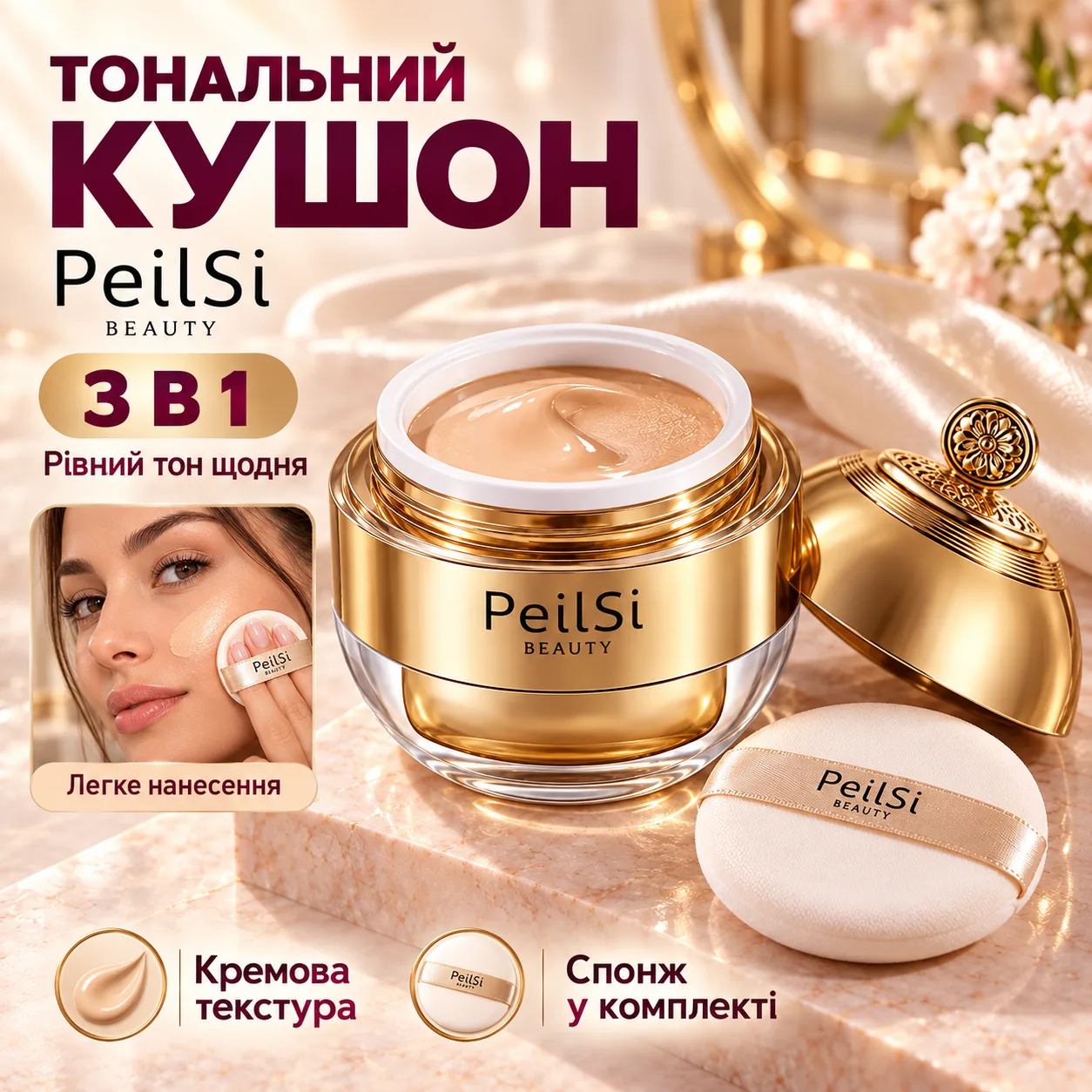 Кушон для лица PeilSi с легким покрытием с экстрактом женьшеня для упругости и увлажнения кожи лица