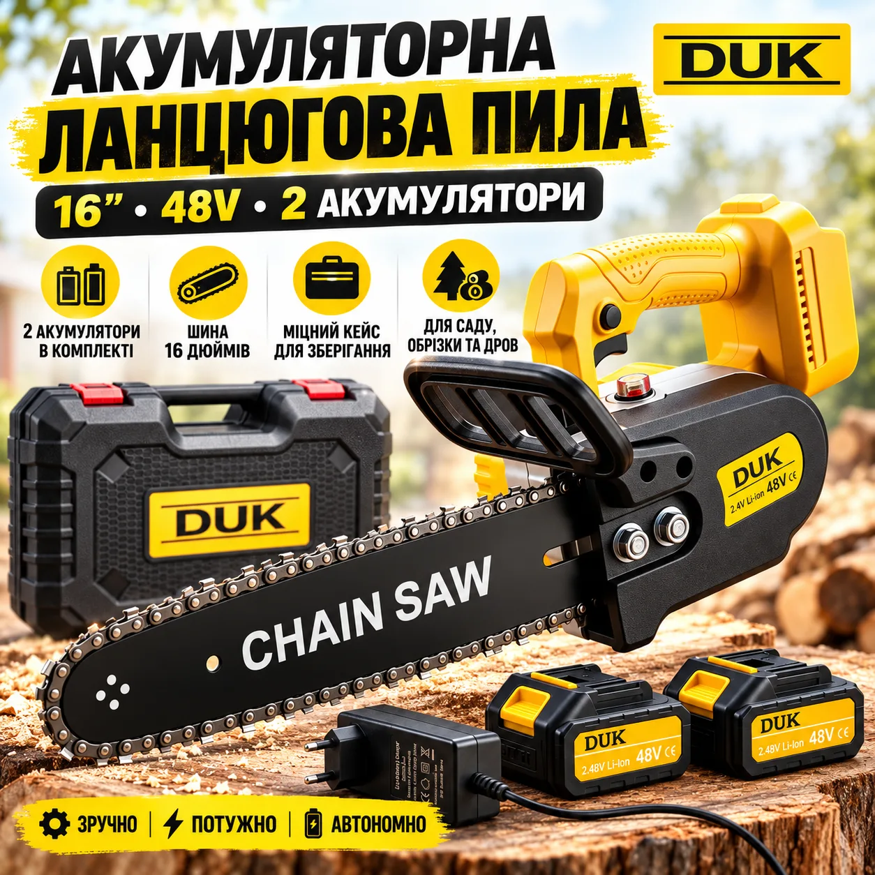 Аккумуляторная цепная пила DUK 16″ 48V Желтая с двумя Li-Ion аккумуляторами, зарядным устройством и пластиковым кейсом для сада