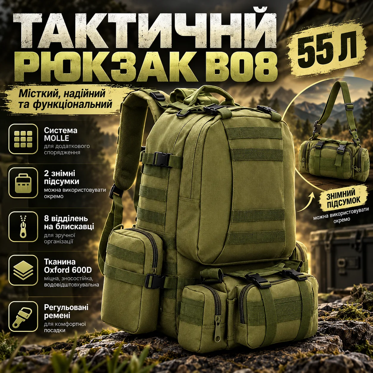 Тактический рюкзак с подсумками на 55л B08, (55х40х25 см), Оливковый / Туристический рюкзак с системой Молли
