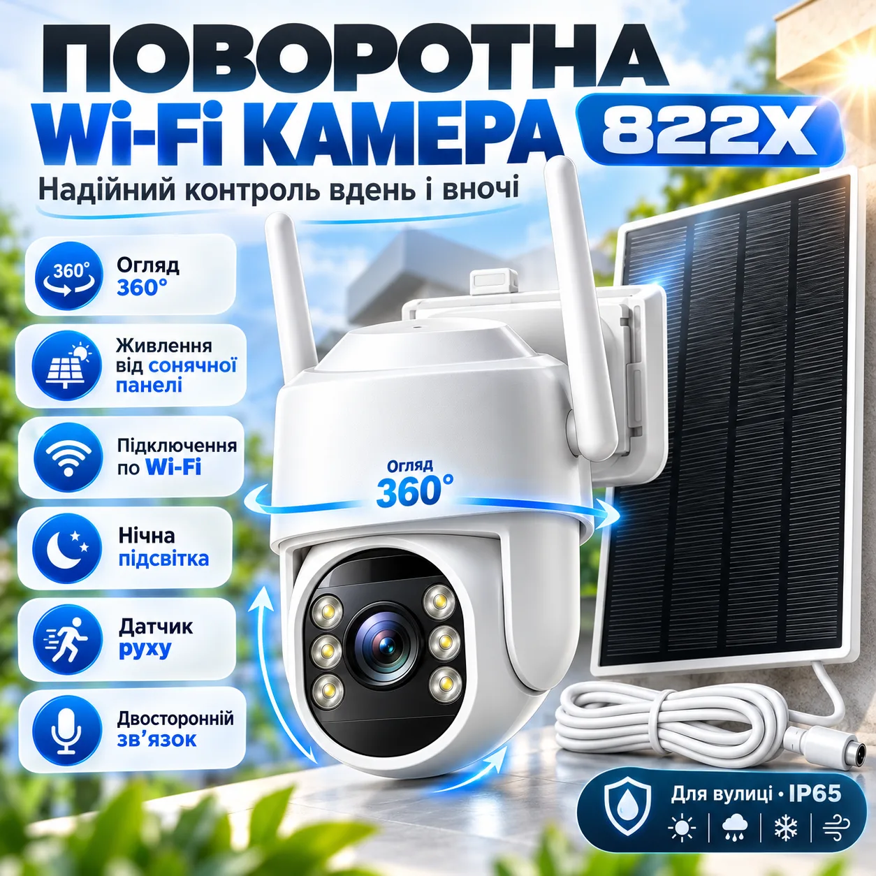 Wi-Fi камера видеонаблюдения с солнечной панелью, PTZ, 822X, Белый / Вайфай камера / Видеокамера для дома / Камера наблюдения