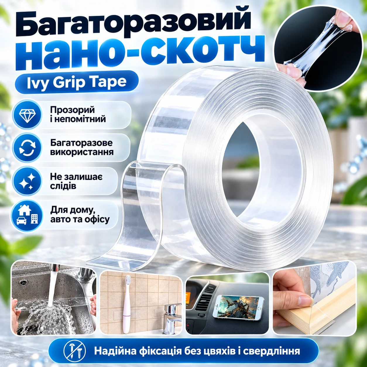 Многоразовая липкая лента 5 м, Ivy Grip Tape, Прозрачный / Прозрачный двухсторонний нано скотч / Универсальная скотч лента