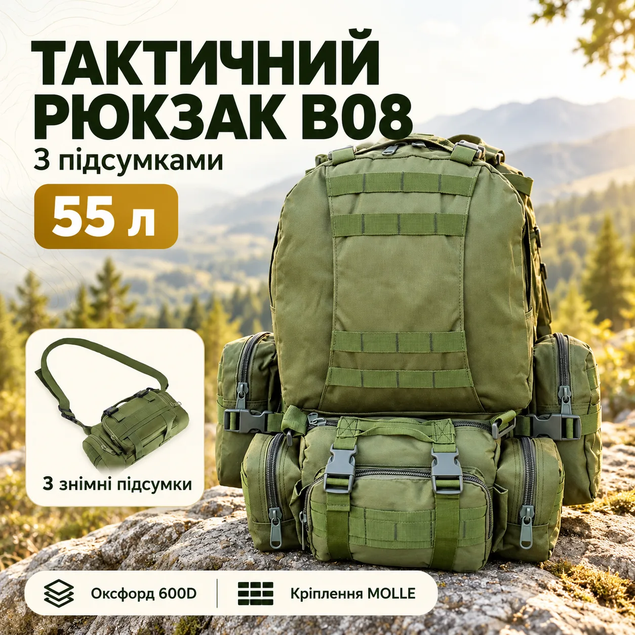 Рюкзак тактический с подсумками на 55 л (55х40х25 см), B08, Олива / Мужской туристический рюкзак