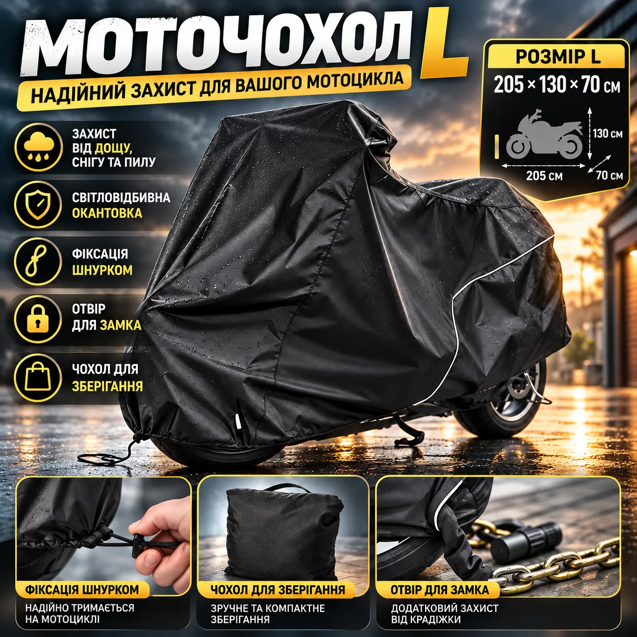 Чехол для мотоцикла L 205×130×70 см, защитный тент-накидка от дождя, снега и солнца с вентиляцией и светоотражающими элементами