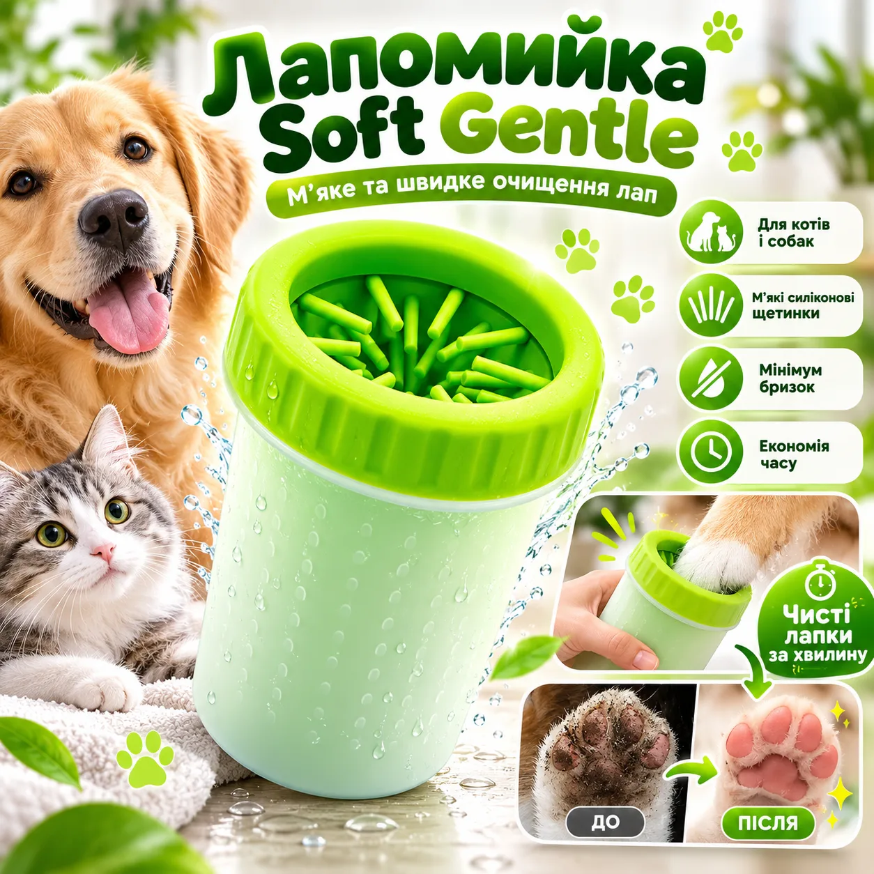 Лапомойка для собак Soft gentle, (11,5х9,4см), Зелёный / Маленький силиконовый стакан для мытья лап