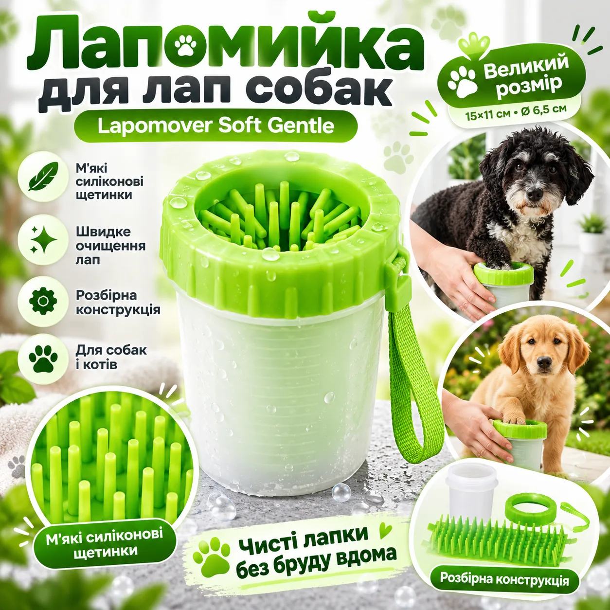 Лапомойка для собак 15х11х6,5 см, Большая Lapomover Soft Gentle bol, Зеленая / Силиконовая мойка для лап / Лапомойка силиконовая