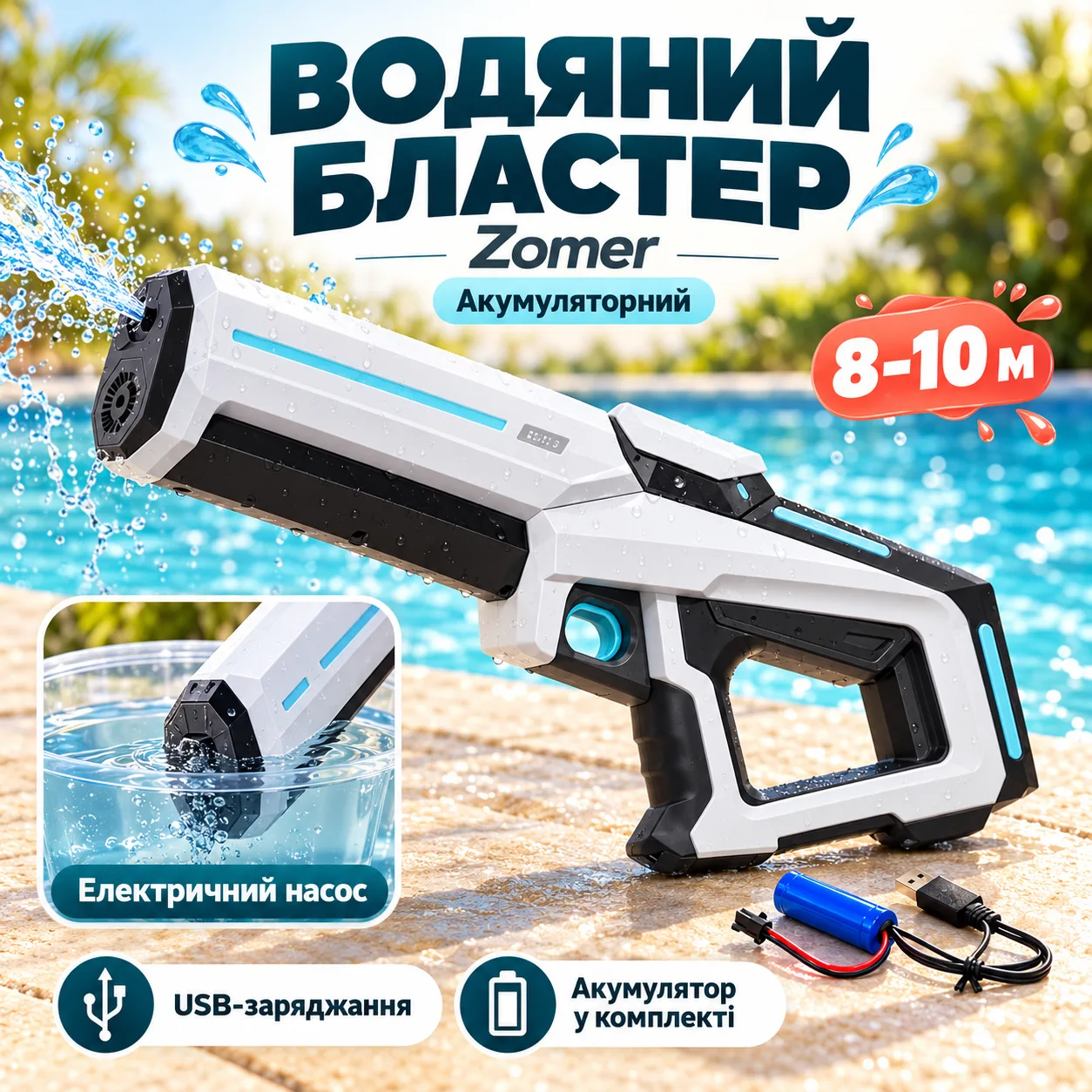 Водный бластер с насосом Zomer детский электрический водяной пистолет на аккумуляторе + USB Белый