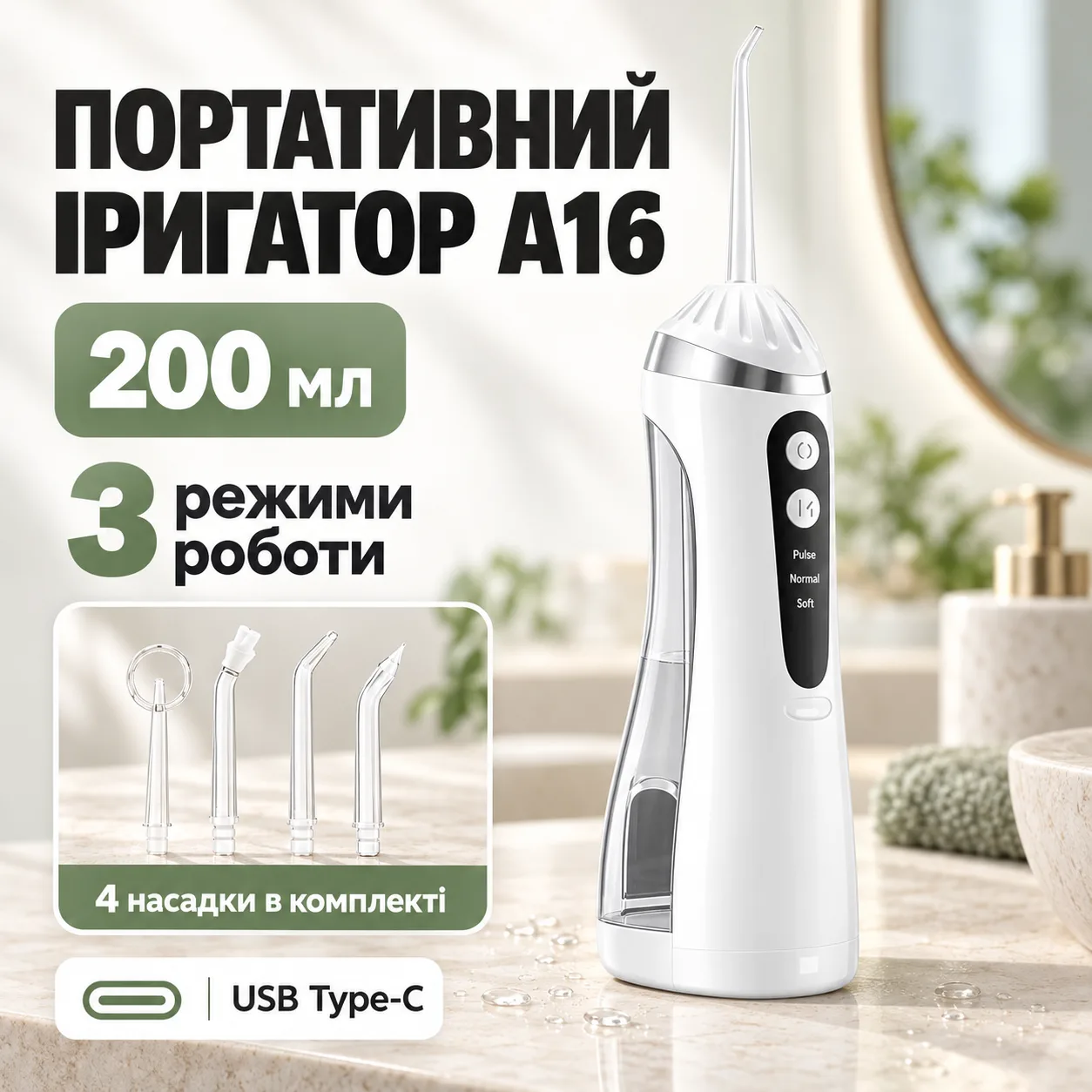 Портативный ирригатор А16 3 режима, 4 насадки / Беспроводной аккумуляторный очиститель зубов 200 мл отUSB от Panda Toys