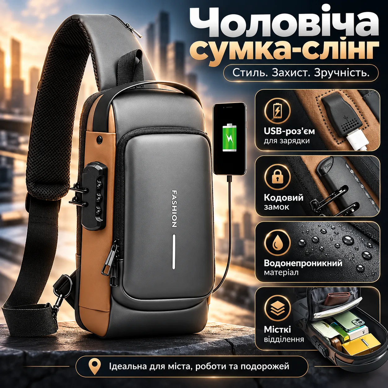 Мужская сумка через плечо с USB-разъемом и кодовым замком, 32х16см, Серый / Водонепроницаемая сумка слинг