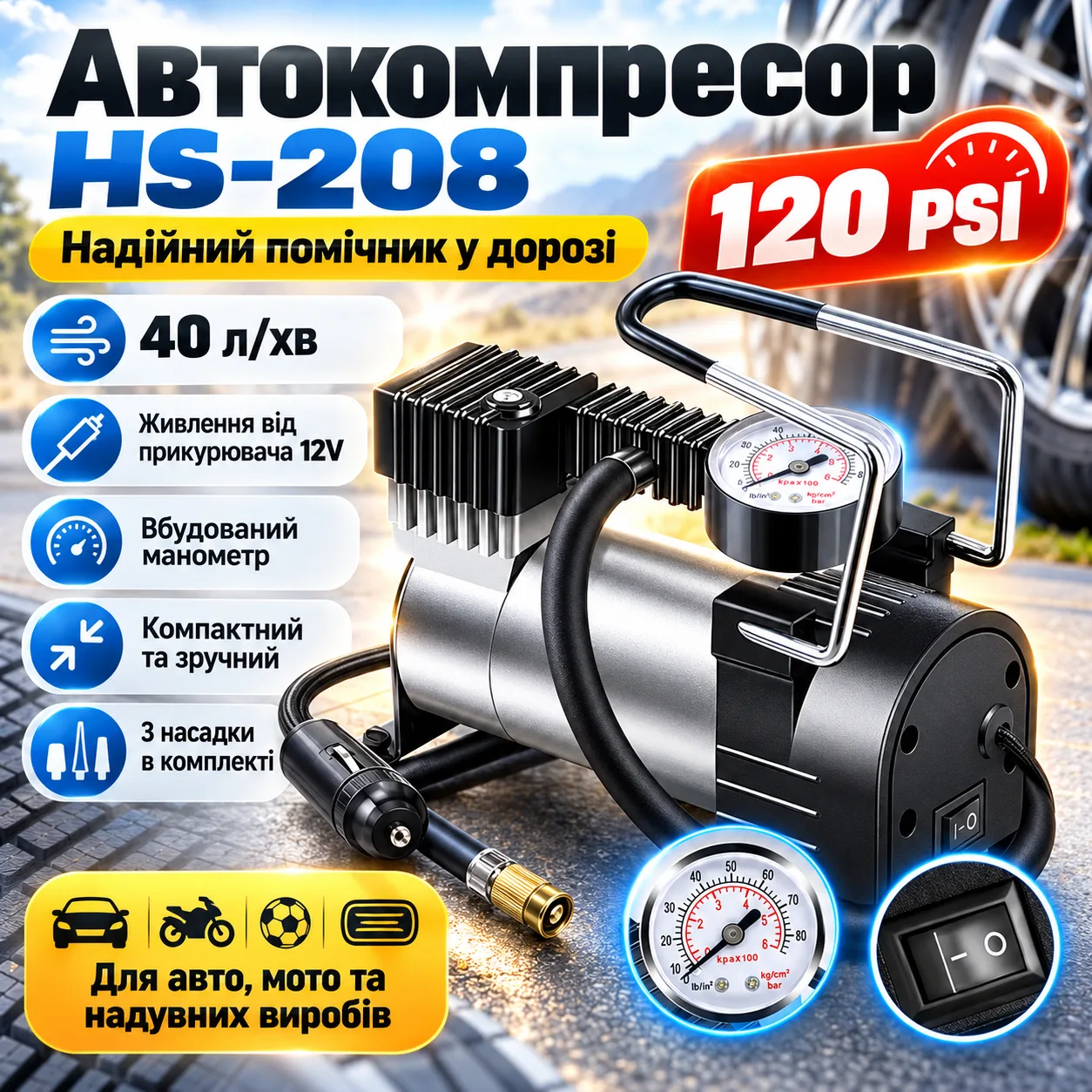 Автомобильный компрессор от прикуривателя 965 кПа, Air pump HS-208, Черный / Насос для автомобильных шин